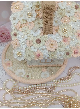Elegant Crochet Cottage with Pearls – Handmade Beige Decor