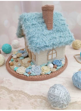  Handmade Crochet House with Blue Fluffy Roof – Dreamy Coastal-Inspired Décor