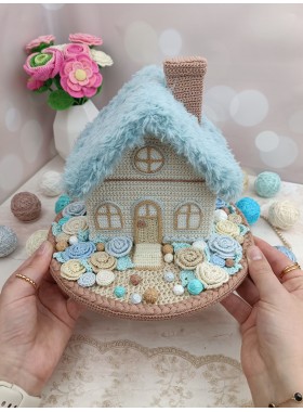  Handmade Crochet House with Blue Fluffy Roof – Dreamy Coastal-Inspired Décor