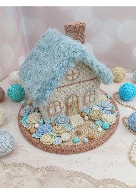 Handmade Crochet House with Blue Fluffy Roof – Dreamy Coastal-Inspired Décor  Handmade Crochet House with Blue Fluffy Roof – Dreamy Coastal-Inspired Décor