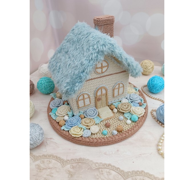 Handmade Crochet House with Blue Roof – Coastal Style Home Décor