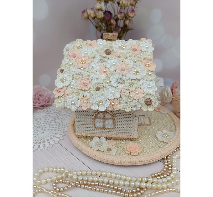 Elegant Crochet Cottage with Pearls – Handmade Beige Decor