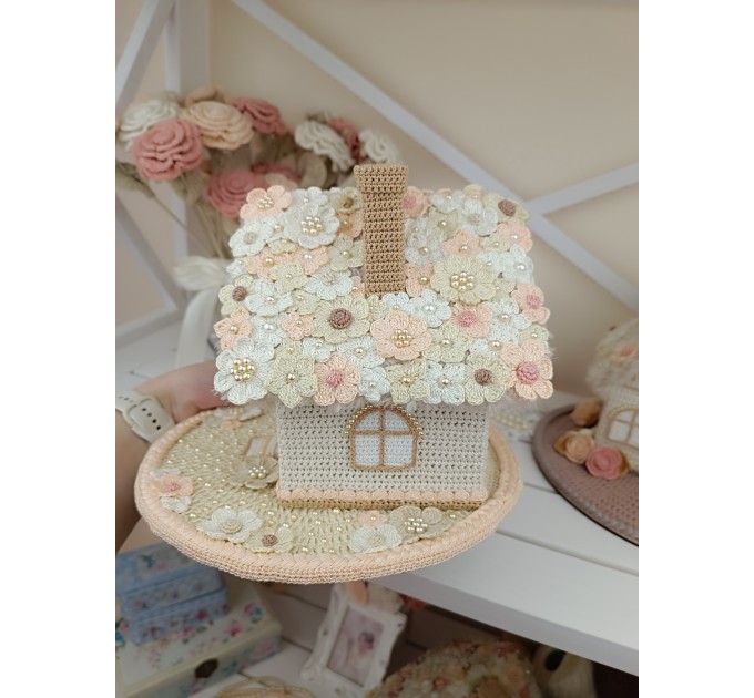 Elegant Crochet Cottage with Pearls – Handmade Beige Decor