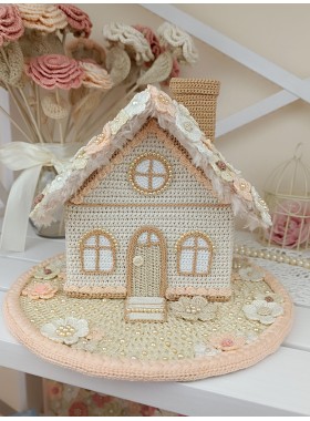 Elegant Crochet Cottage with Pearls – Handmade Beige Decor