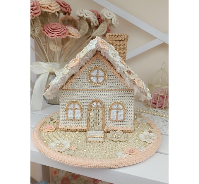 Elegant Crochet Cottage with Pearls – Handmade Beige Decor