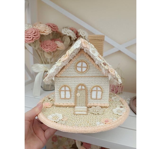 Elegant Crochet Cottage with Pearls – Handmade Beige Decor