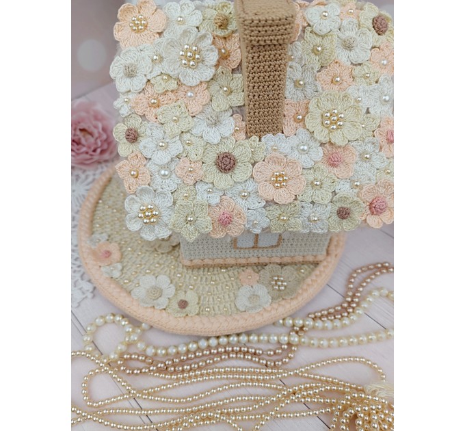 Elegant Crochet Cottage with Pearls – Handmade Beige Decor