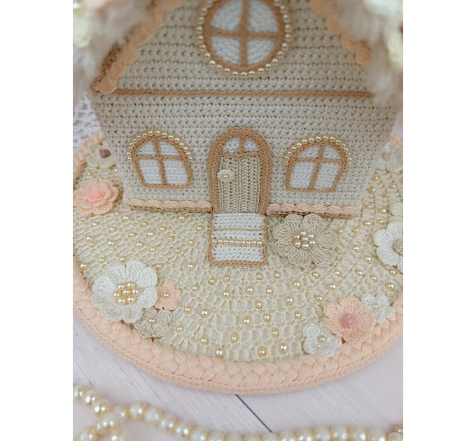 Elegant Crochet Cottage with Pearls – Handmade Beige Decor