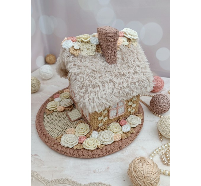Handmade Crochet Cottage with Fluffy Roof – Neutral Decor