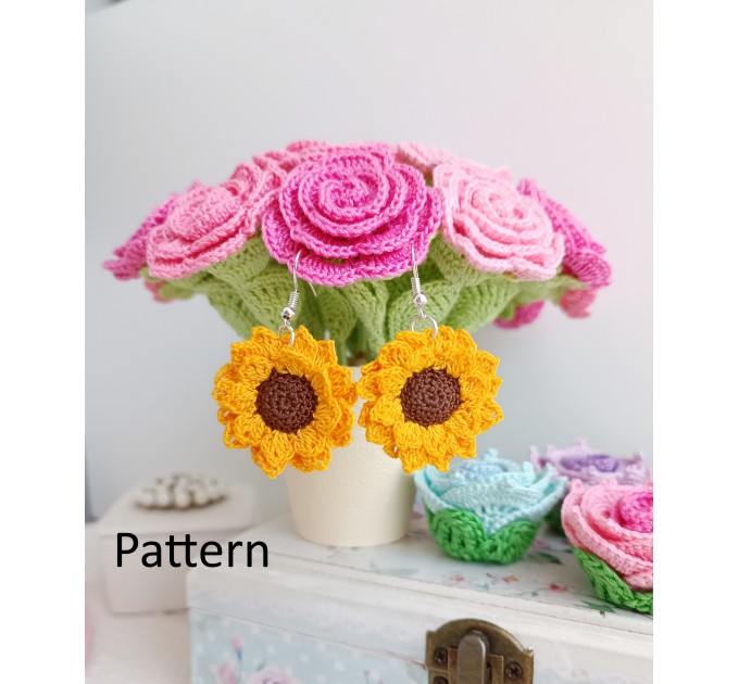 Crochet Sunflower PATTERN. Pattern for jewelry. Easy crochet.